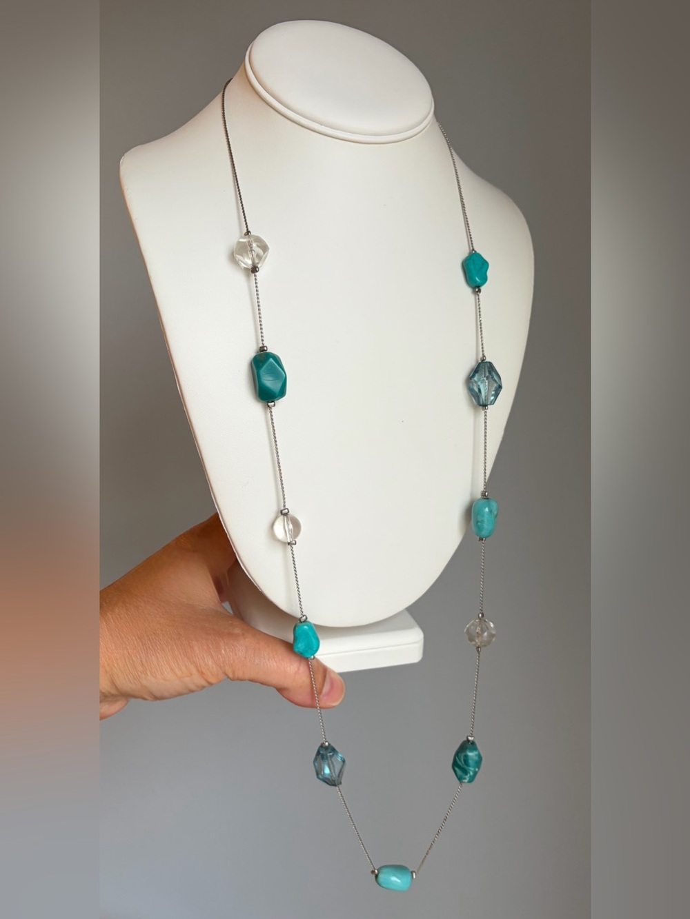 Long Turquoise Bead Station Necklace • Women Jewelry
